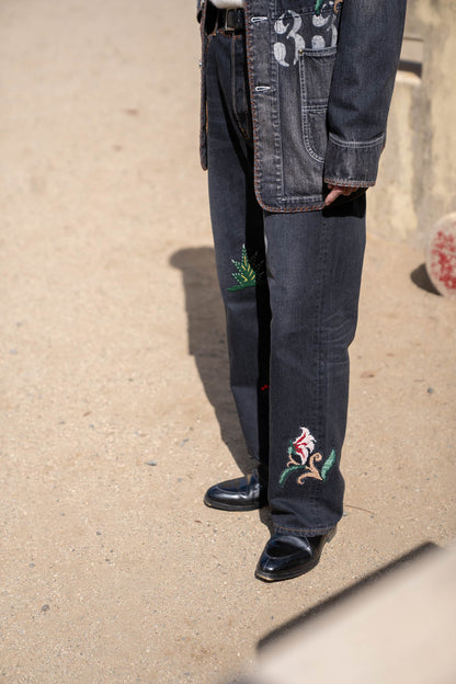 Hand-Embroidered Denim Pants