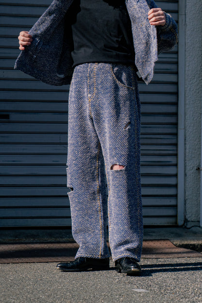 Hand-Stitched Damaged Denim Knit Pants 