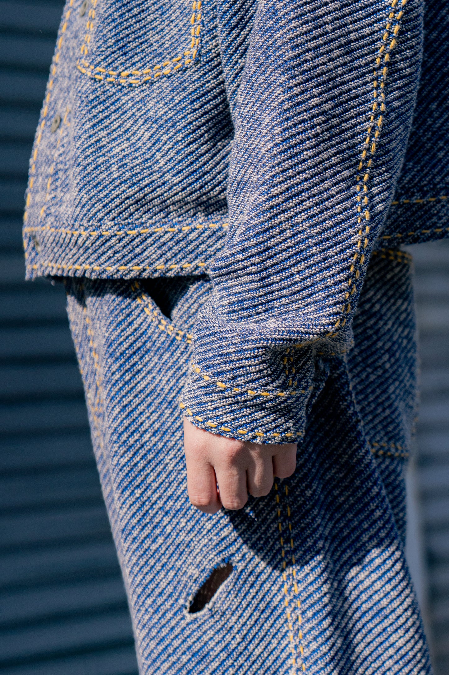 Hand-Stitched Damaged Denim Knit Jacket