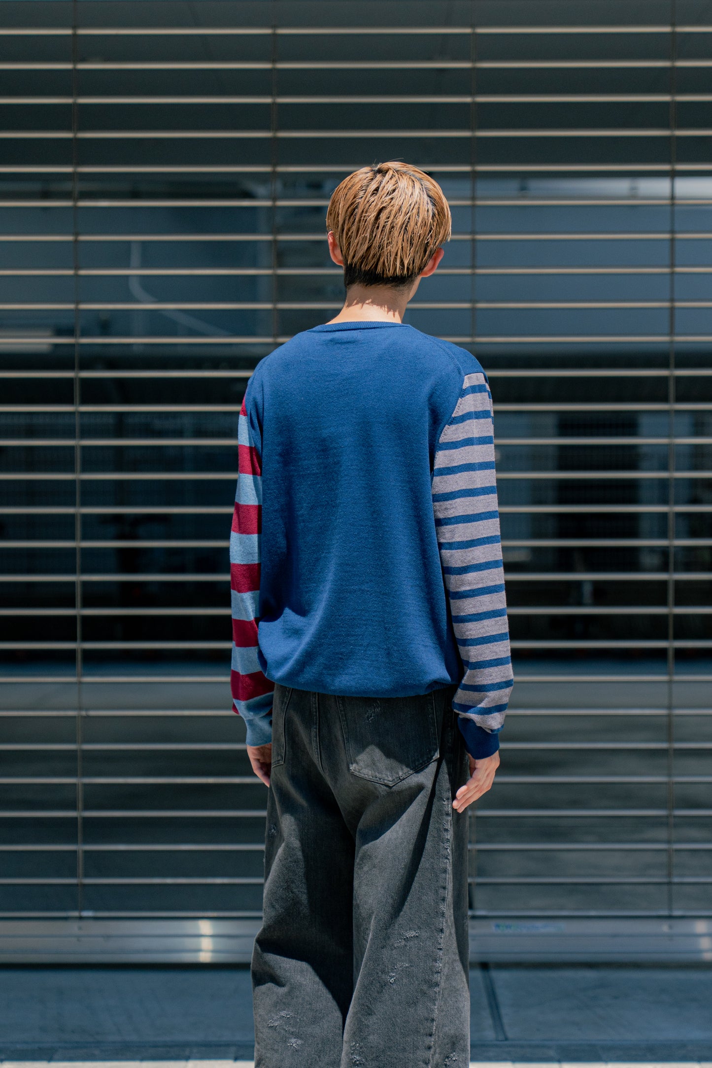 COTTON CASHMERE BORDER SLEEVE SWEATER