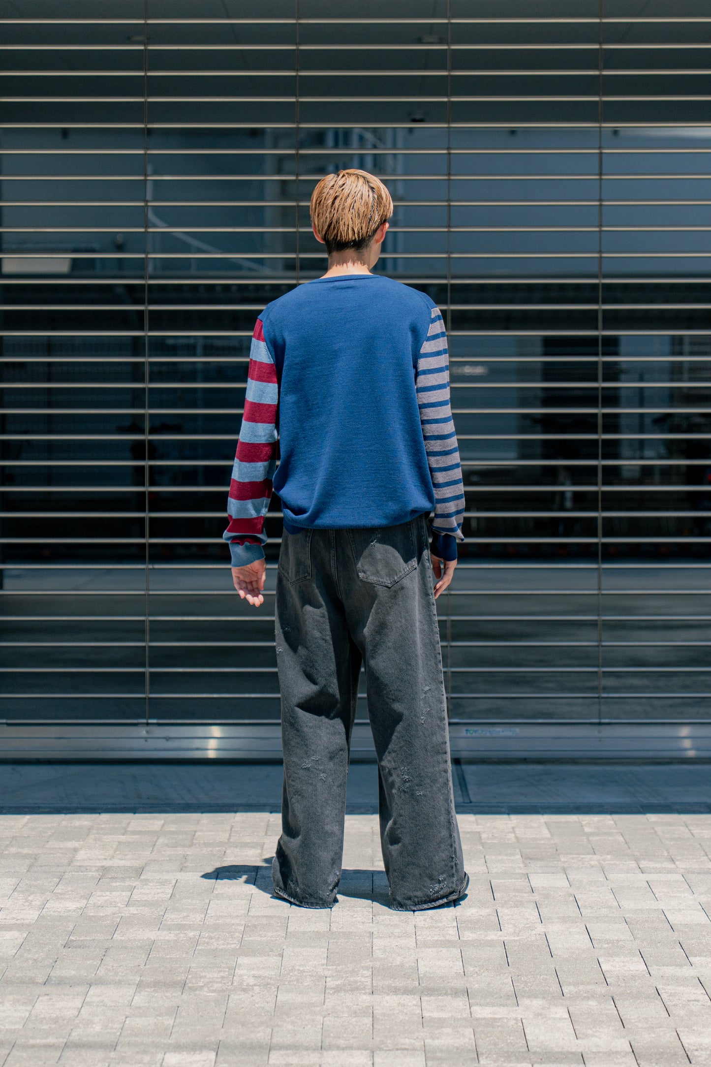 COTTON CASHMERE BORDER SLEEVE SWEATER