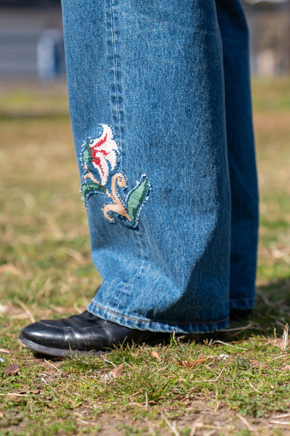 Hand-Embroidered Denim Pants