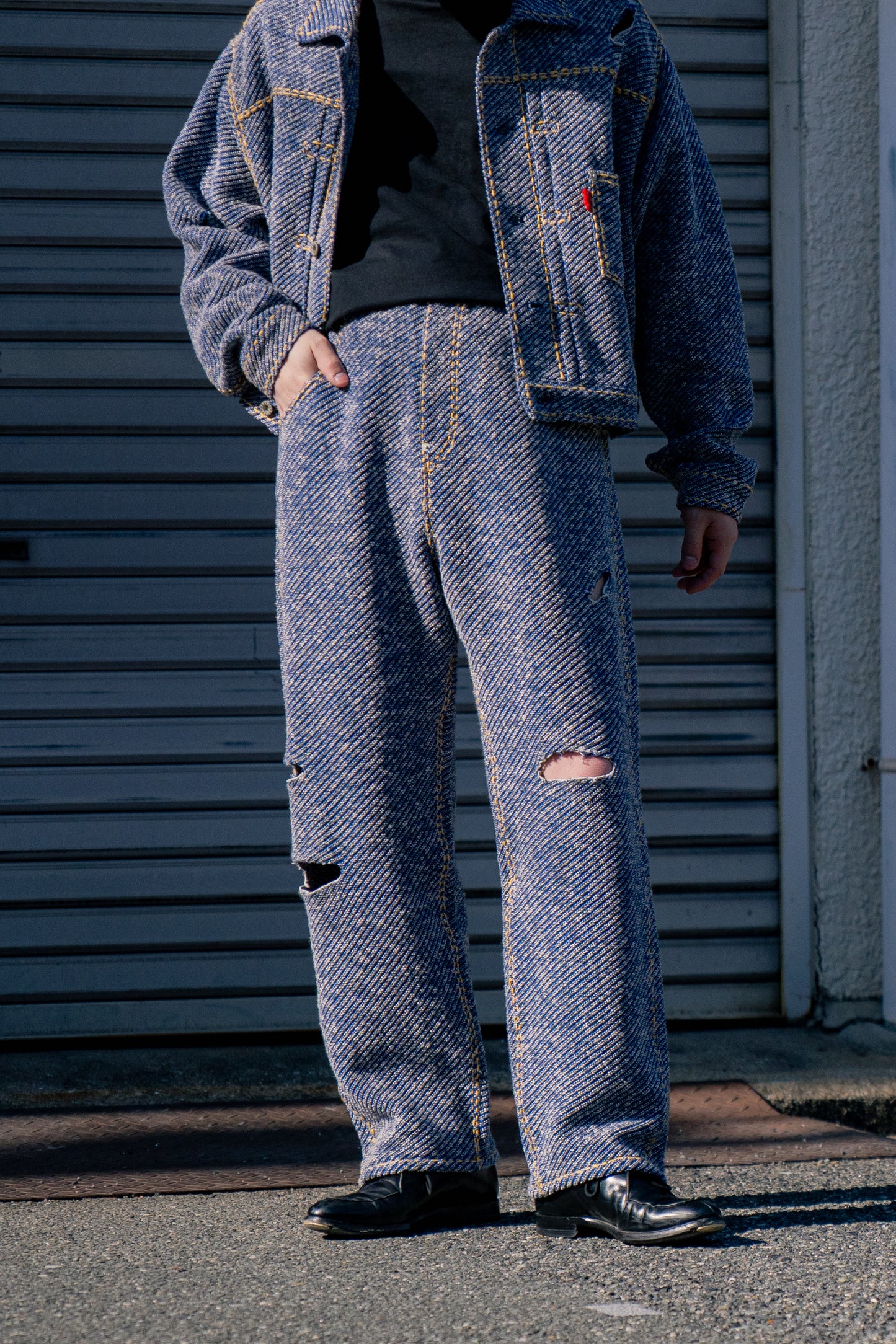 Hand-Stitched Damaged Denim Knit Pants 