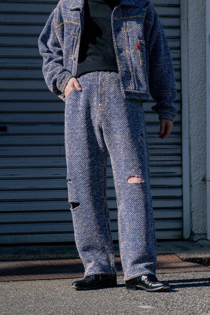 Hand-Stitched Damaged Denim Knit Pants 