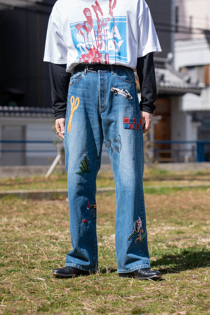 Hand-Embroidered Denim Pants