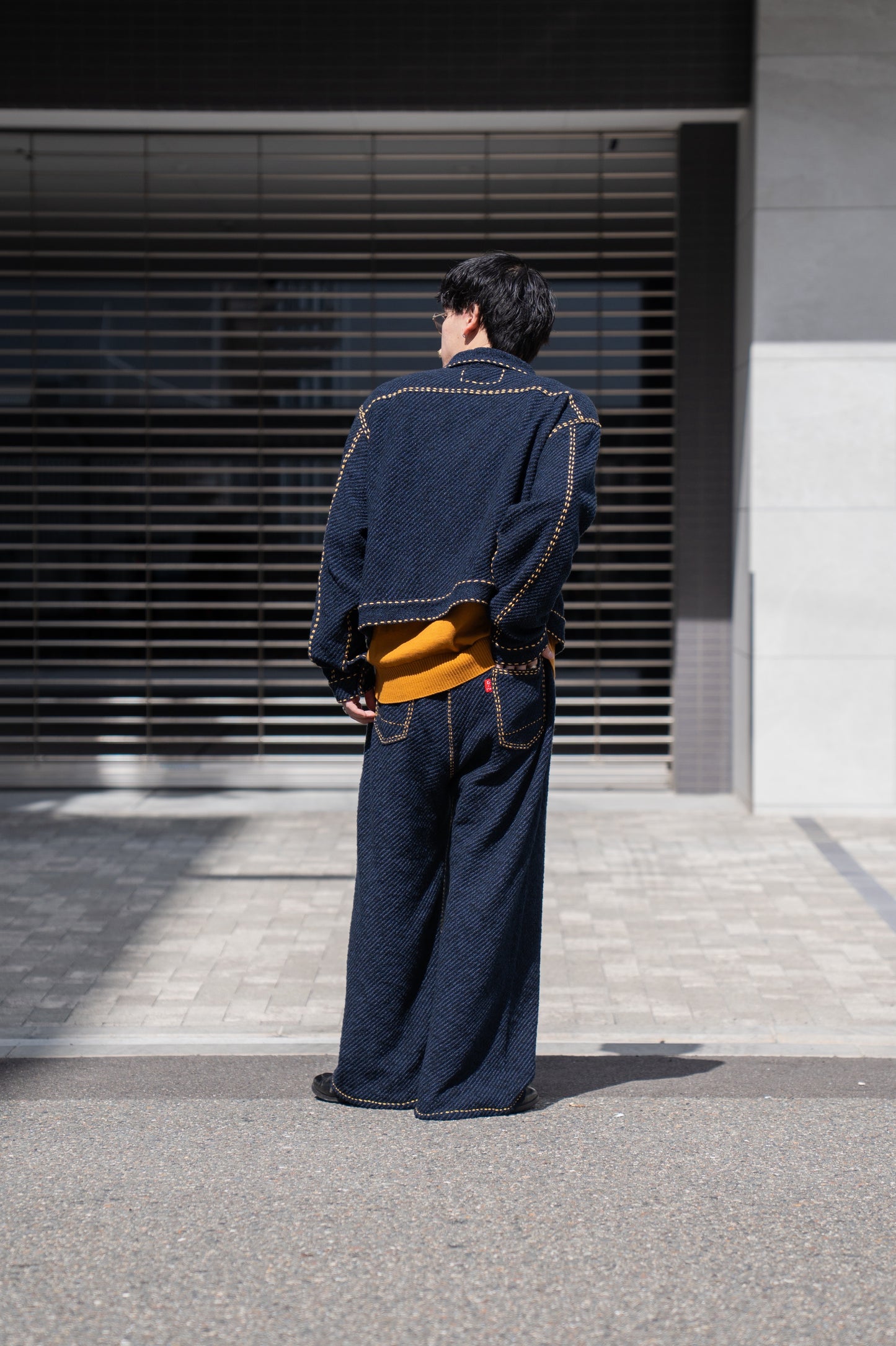 Hand Stitched Rigid Denim Knit Pants