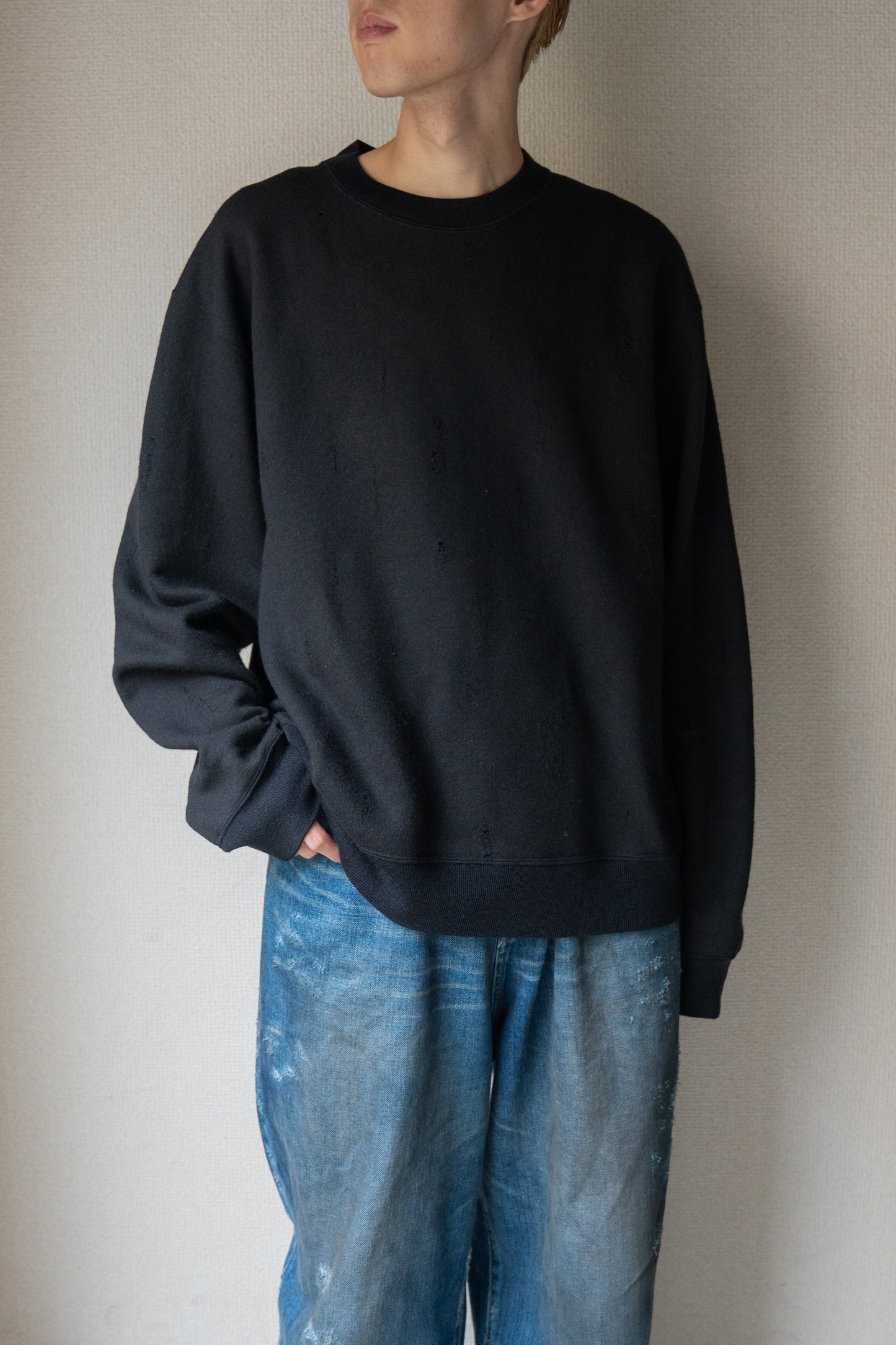 Damage jacquard terry crew neck sweater