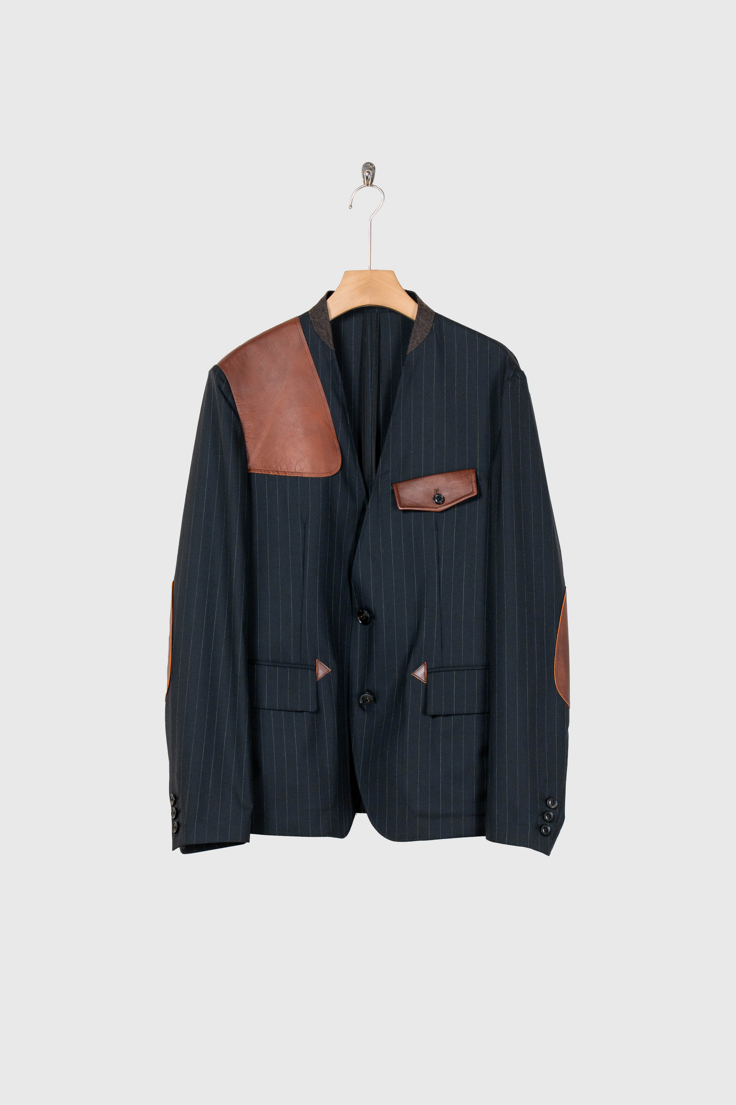 Leather-Patch No-Collar Jacket