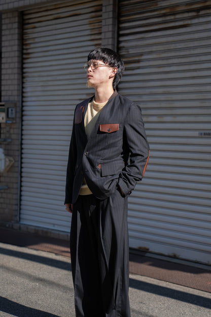 Leather-Patch No-Collar Jacket