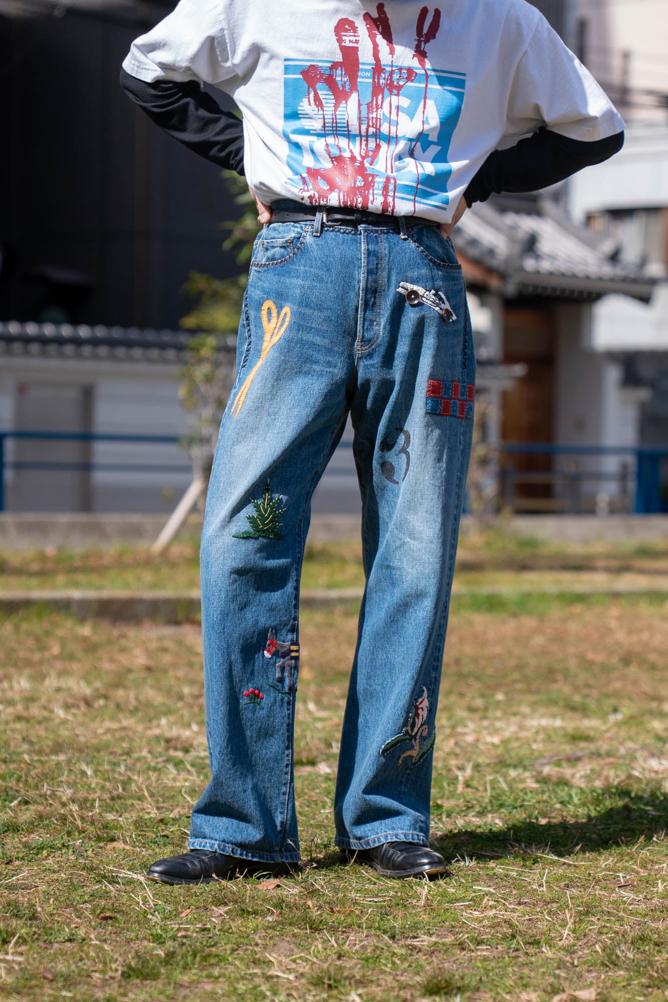 Hand-Embroidered Denim Pants