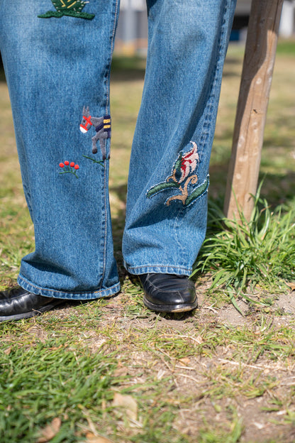 Hand-Embroidered Denim Pants