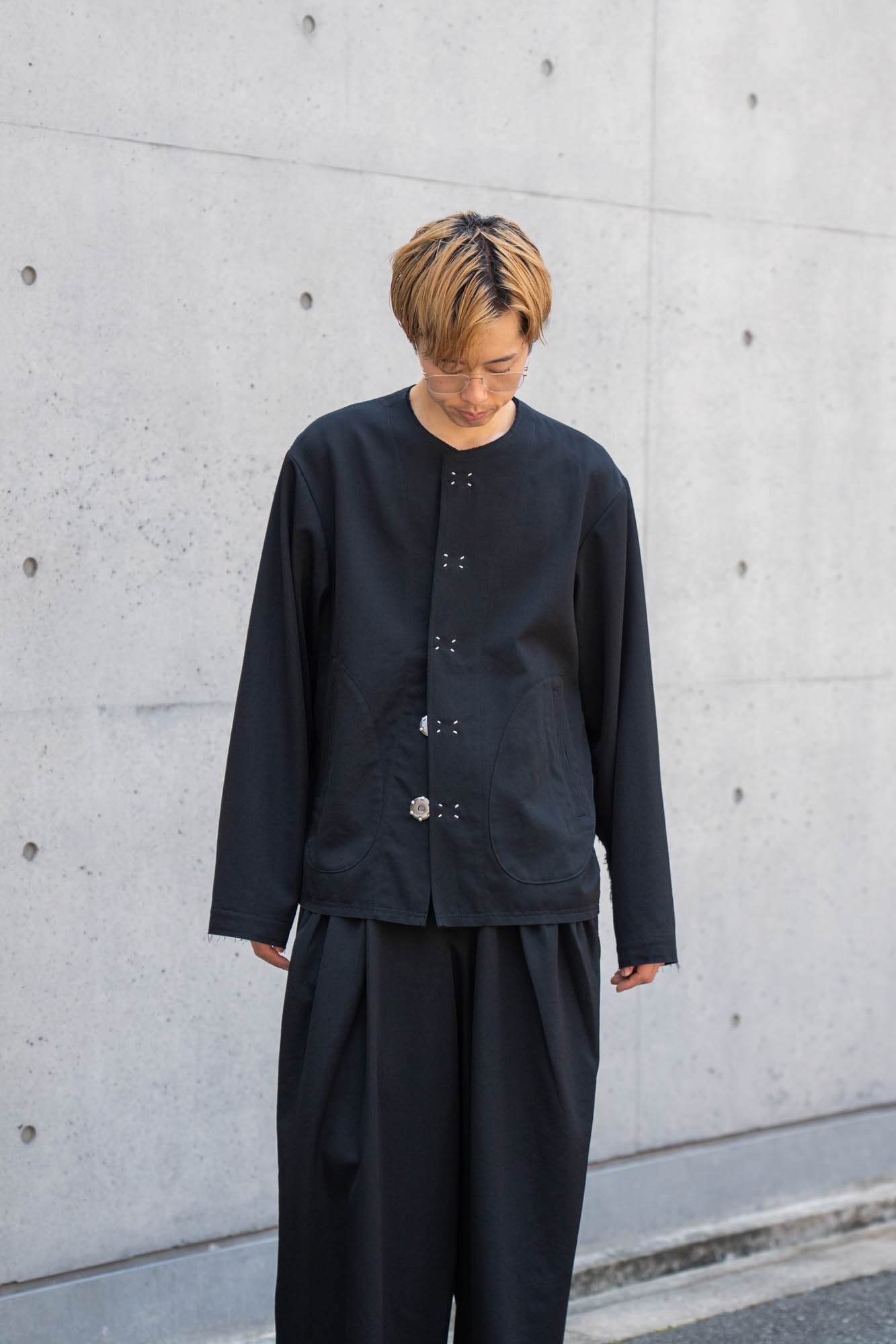 No-collar wool gabardine jacket