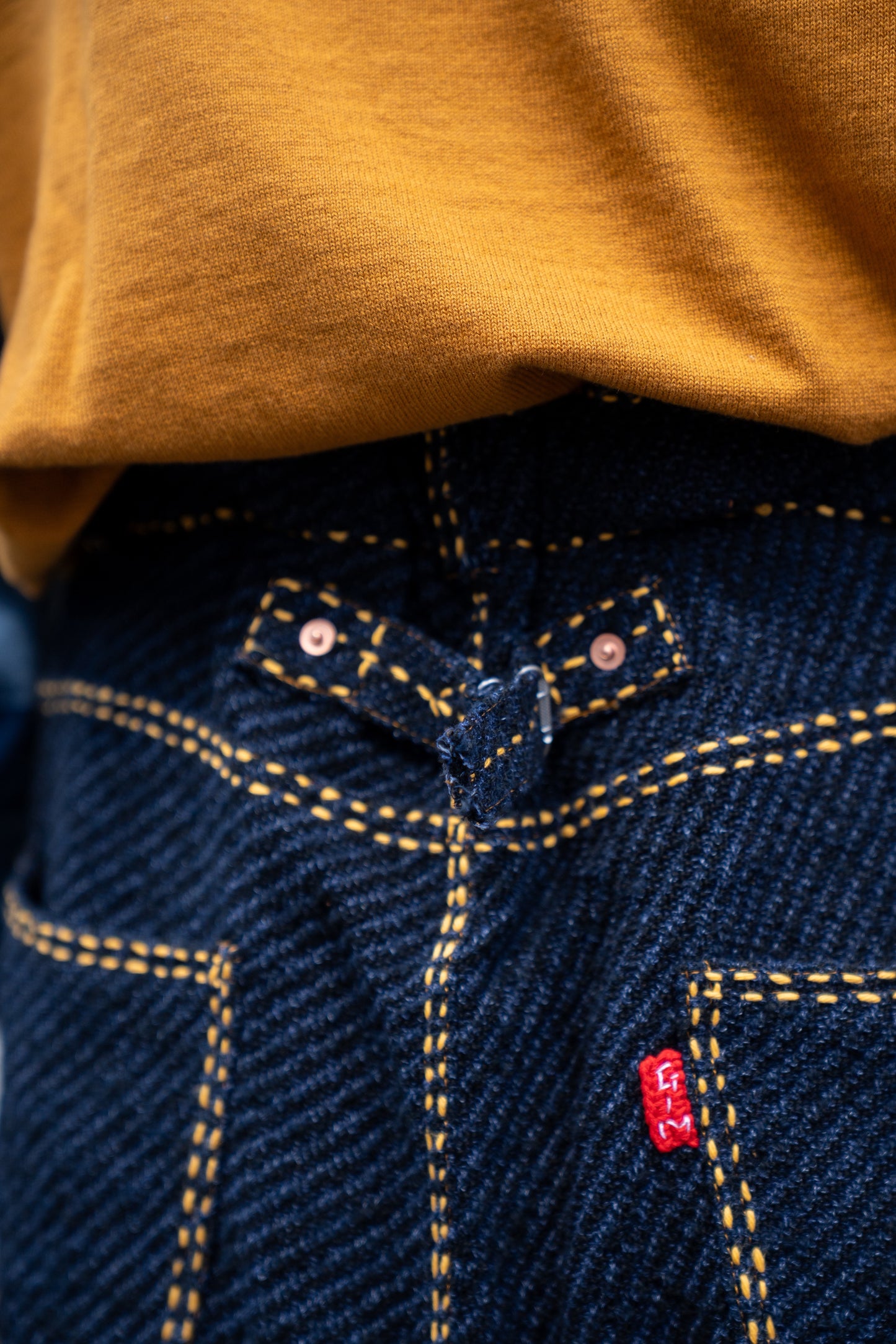 Hand Stitched Rigid Denim Knit Pants