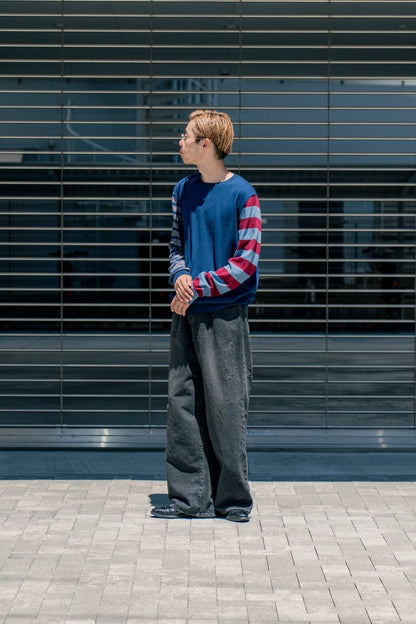 COTTON CASHMERE BORDER SLEEVE SWEATER