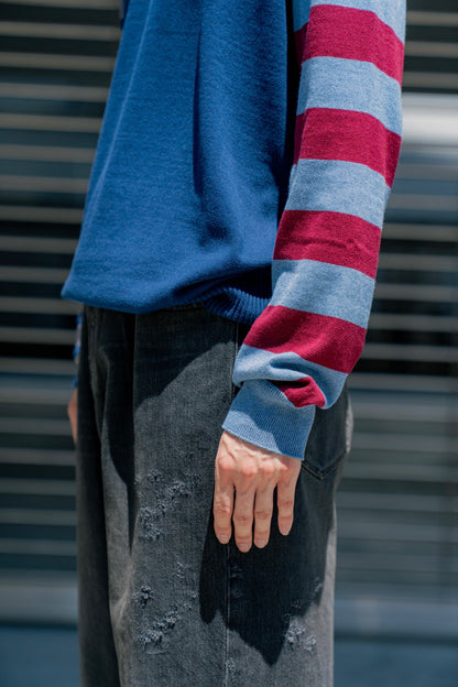 COTTON CASHMERE BORDER SLEEVE SWEATER