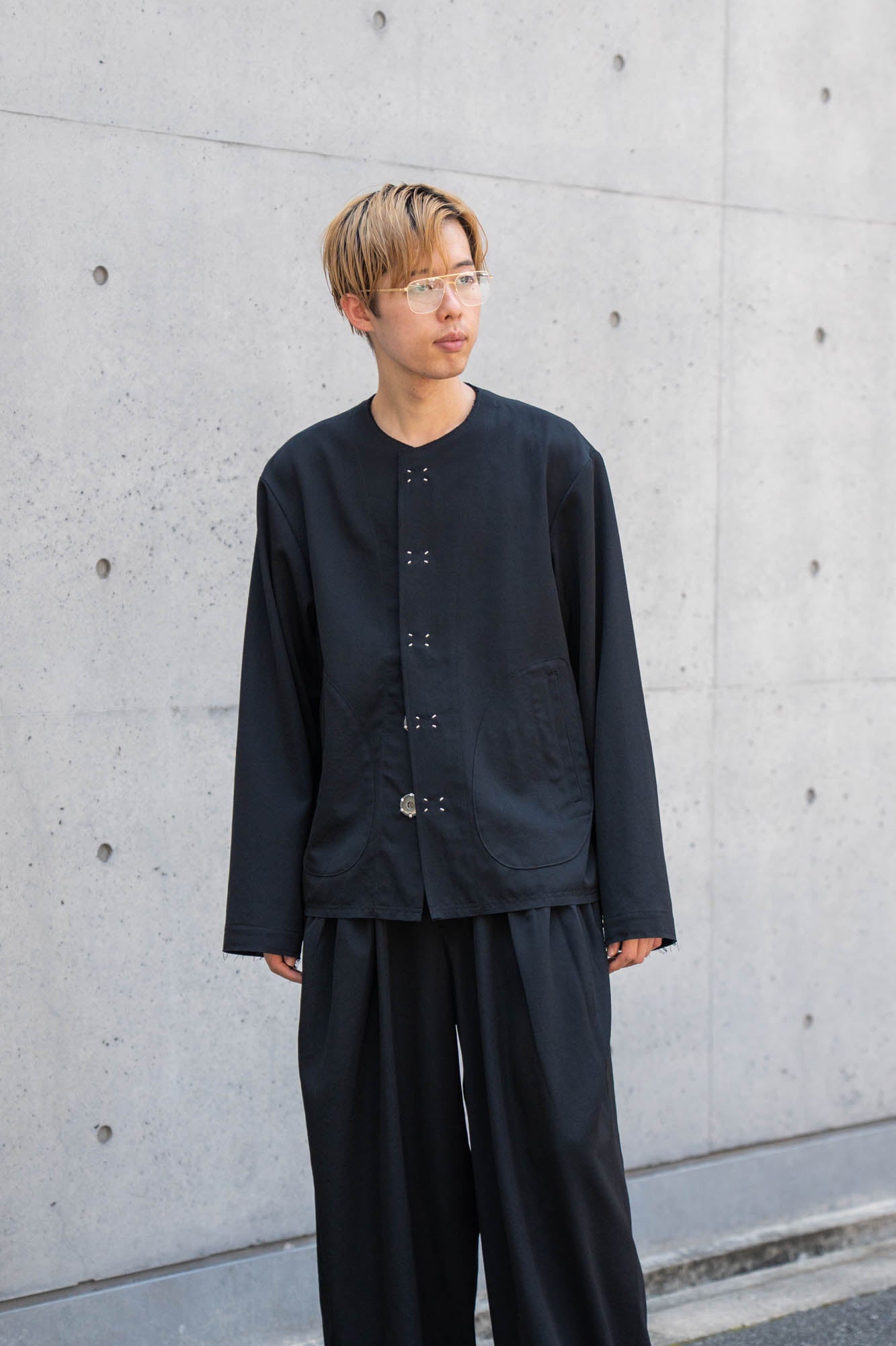 No-collar wool gabardine jacket