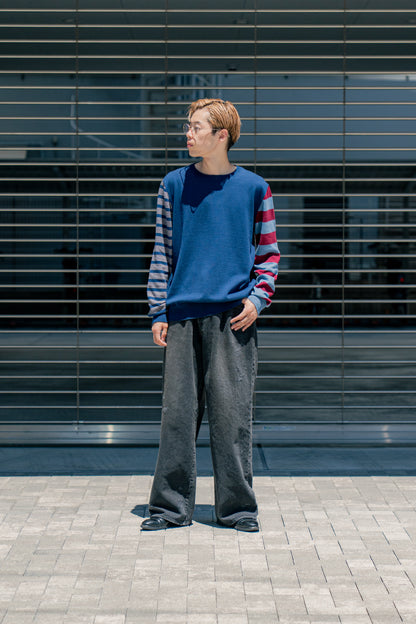 COTTON CASHMERE BORDER SLEEVE SWEATER