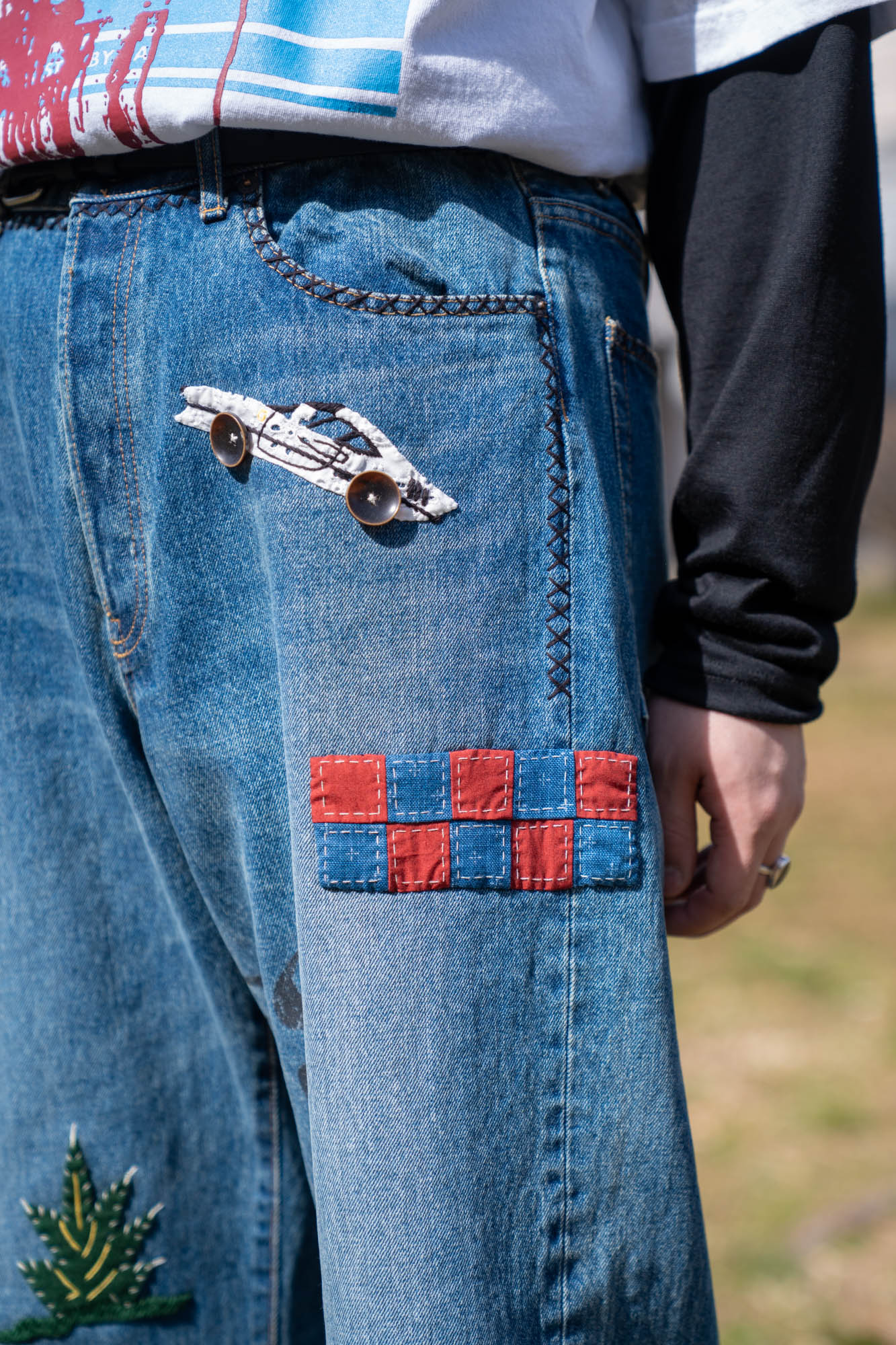 Hand-Embroidered Denim Pants