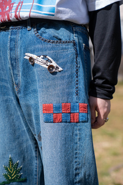 Hand-Embroidered Denim Pants