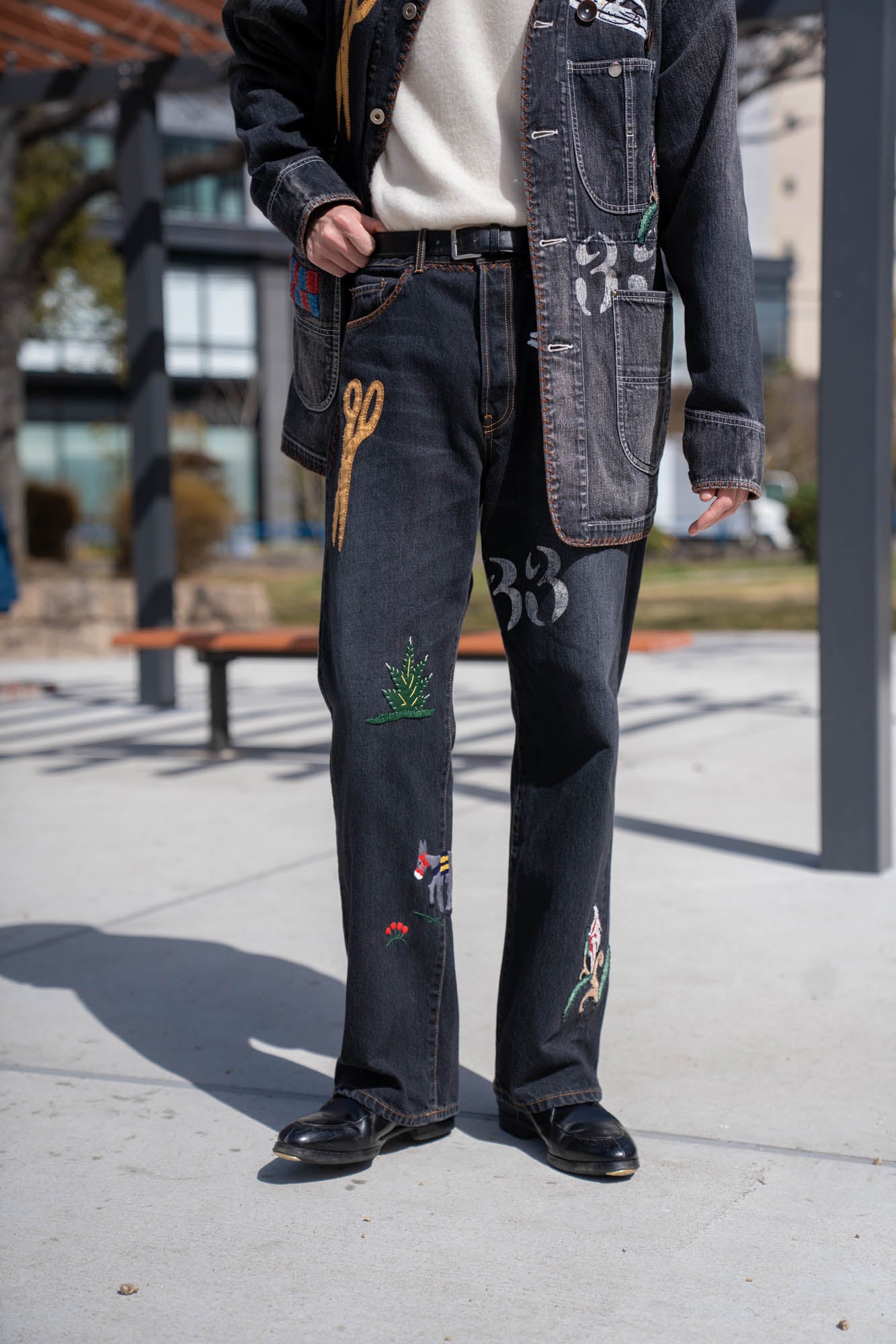 Hand-Embroidered Denim Pants