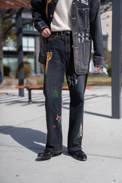 Hand-Embroidered Denim Pants