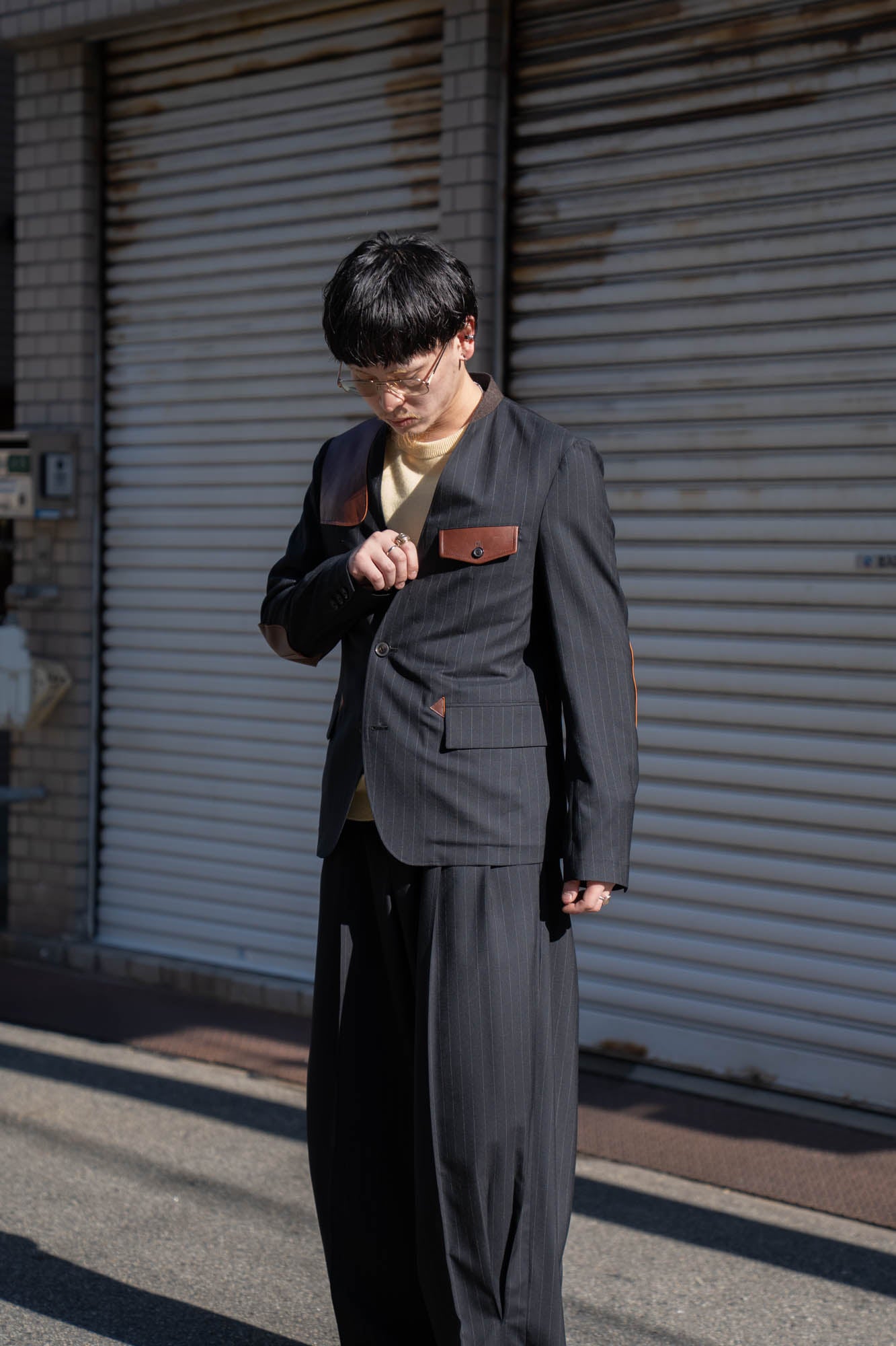 Leather-Patch No-Collar Jacket