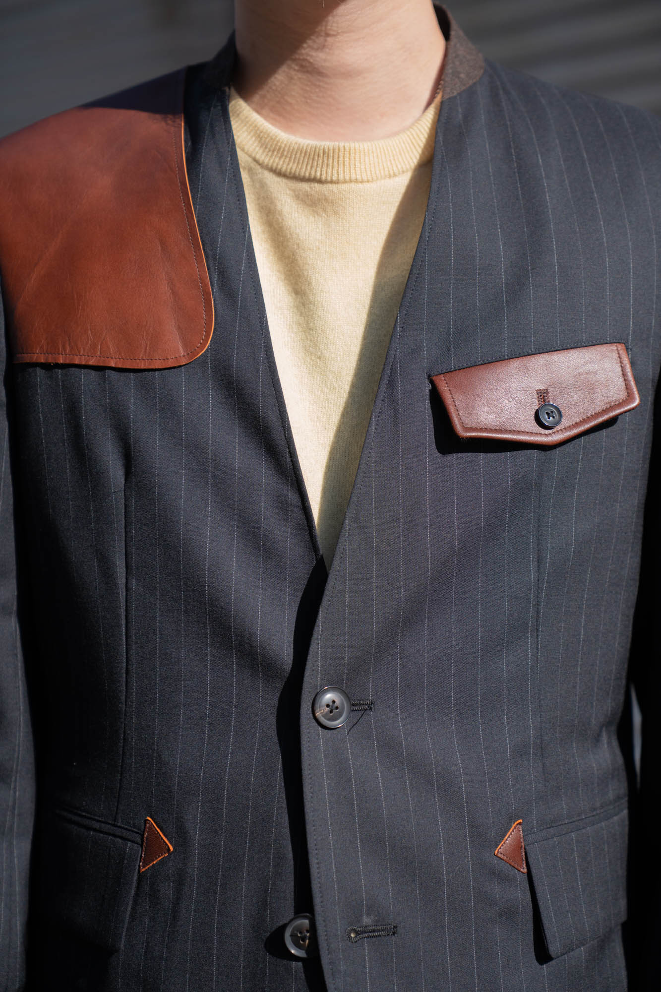 Leather-Patch No-Collar Jacket
