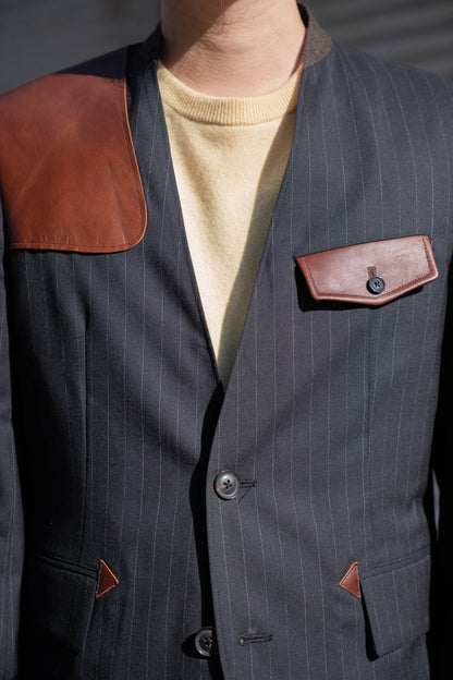 Leather-Patch No-Collar Jacket