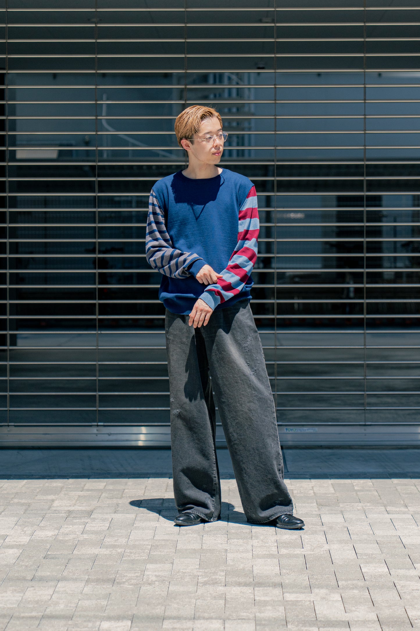 COTTON CASHMERE BORDER SLEEVE SWEATER