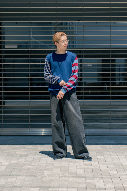 COTTON CASHMERE BORDER SLEEVE SWEATER