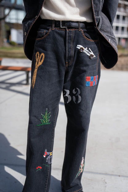 Hand-Embroidered Denim Pants