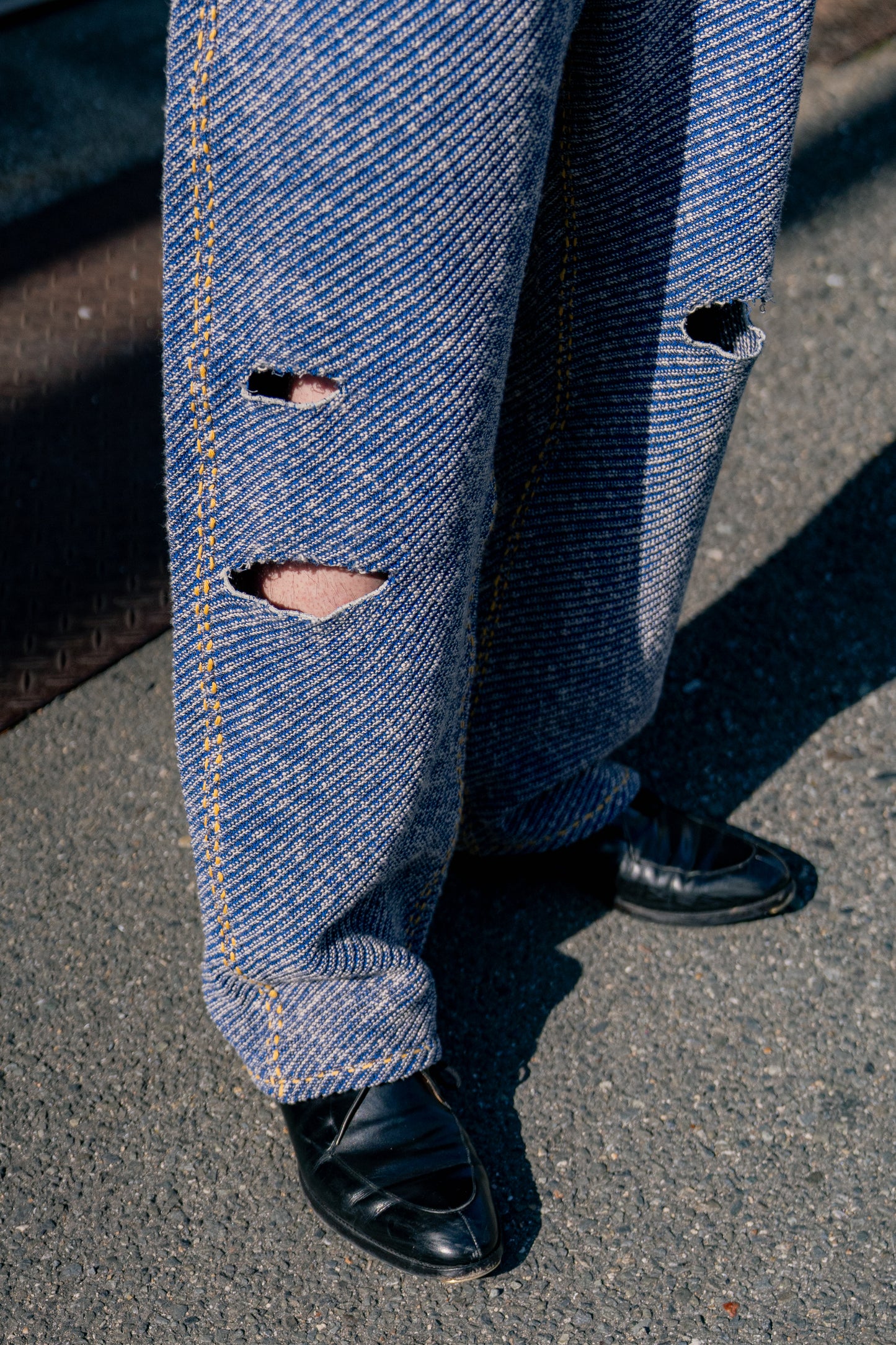 Hand-Stitched Damaged Denim Knit Pants 