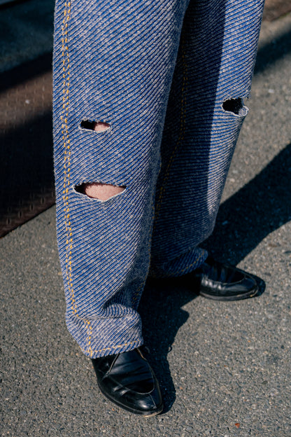 Hand-Stitched Damaged Denim Knit Pants 