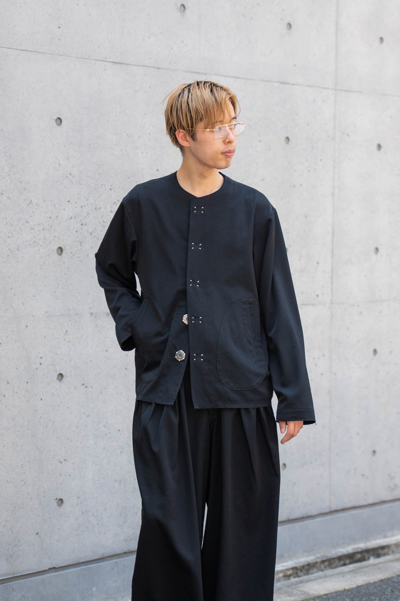 No-collar wool gabardine jacket