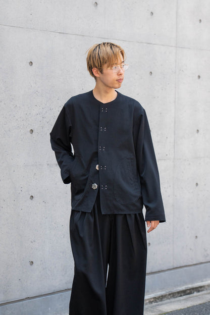 No-collar wool gabardine jacket