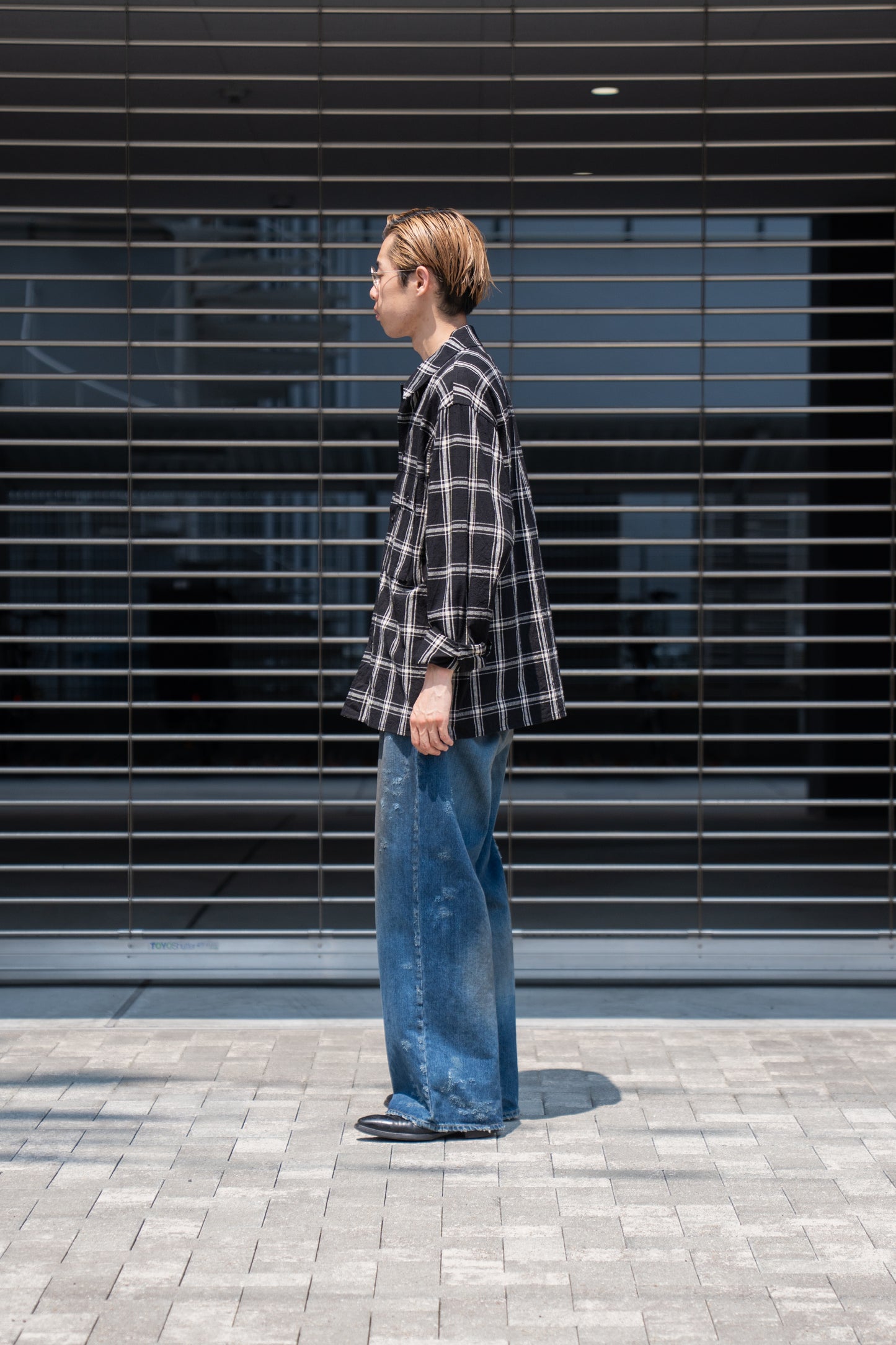 Silk/Cottn Nep Plaid Military Shirt