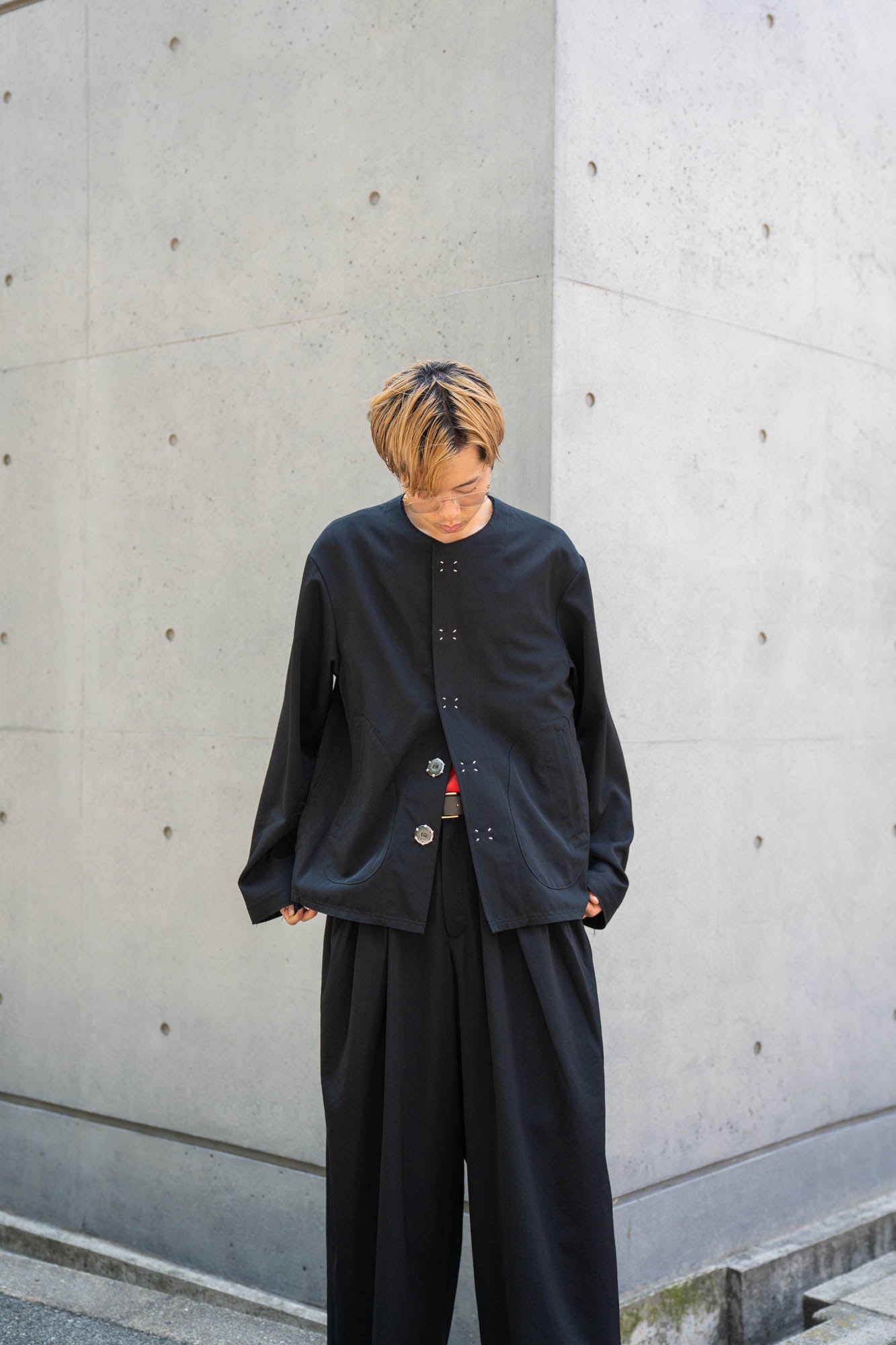 No-collar wool gabardine jacket