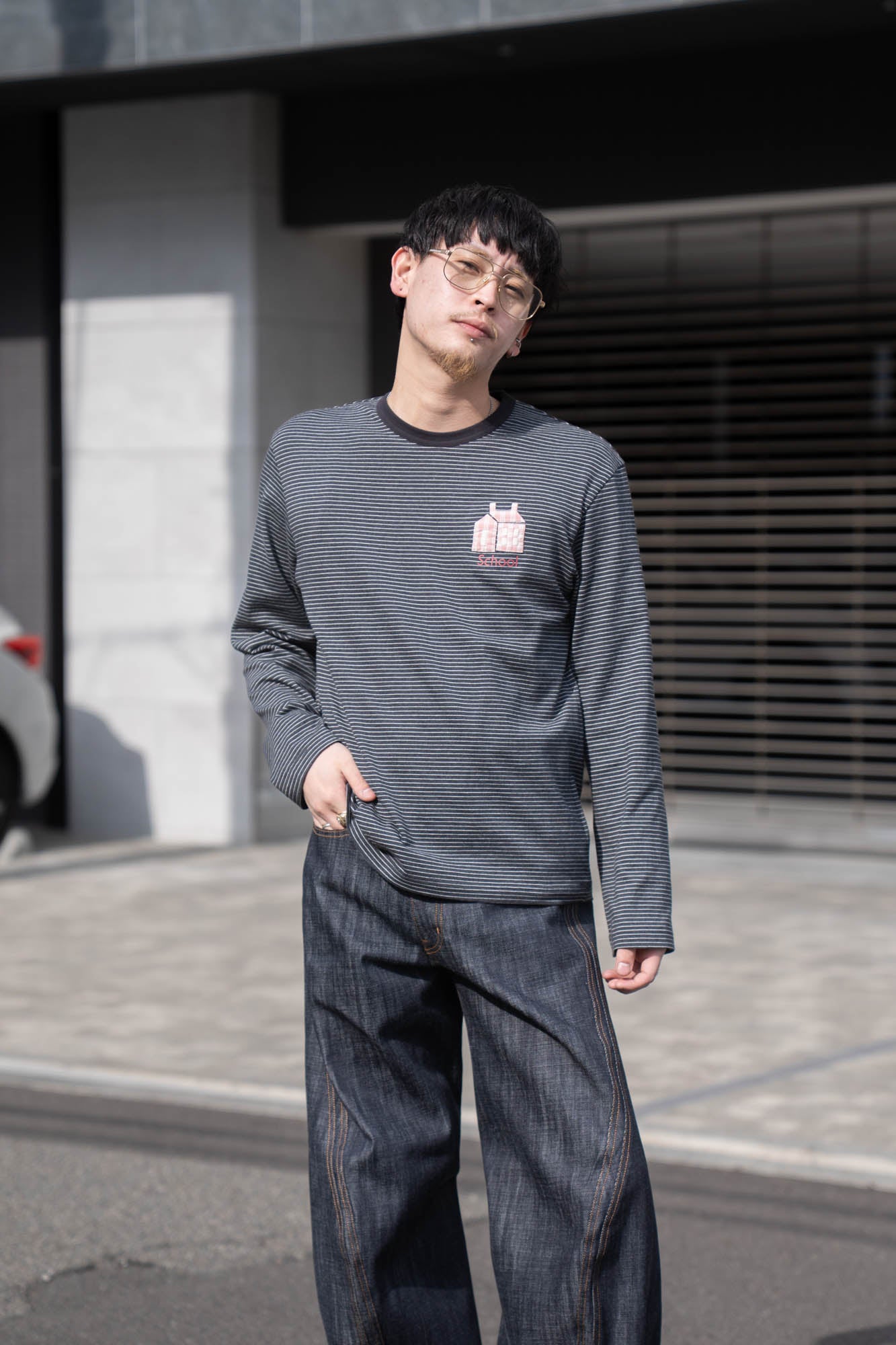 Hand-Embroidered Stripe Long Sleeve T-Shirt