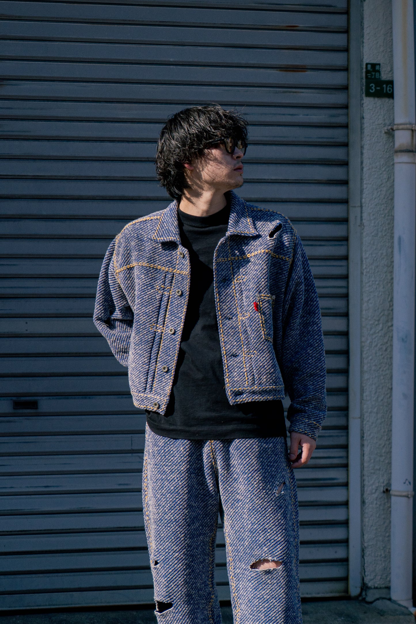 Hand-Stitched Damaged Denim Knit Jacket