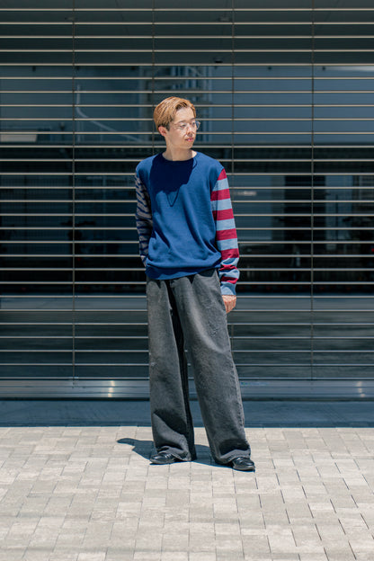 COTTON CASHMERE BORDER SLEEVE SWEATER