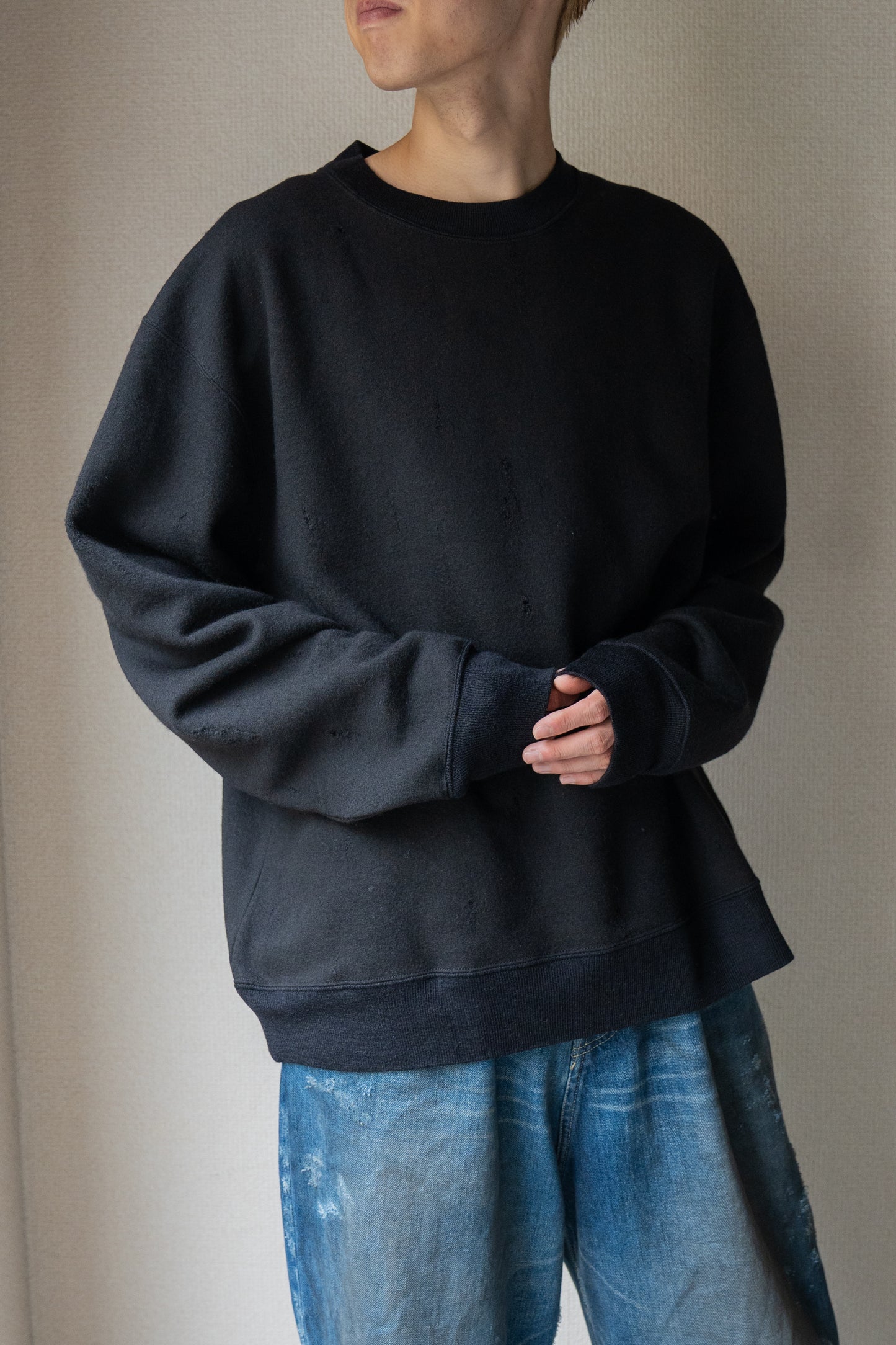 Damage jacquard terry crew neck sweater