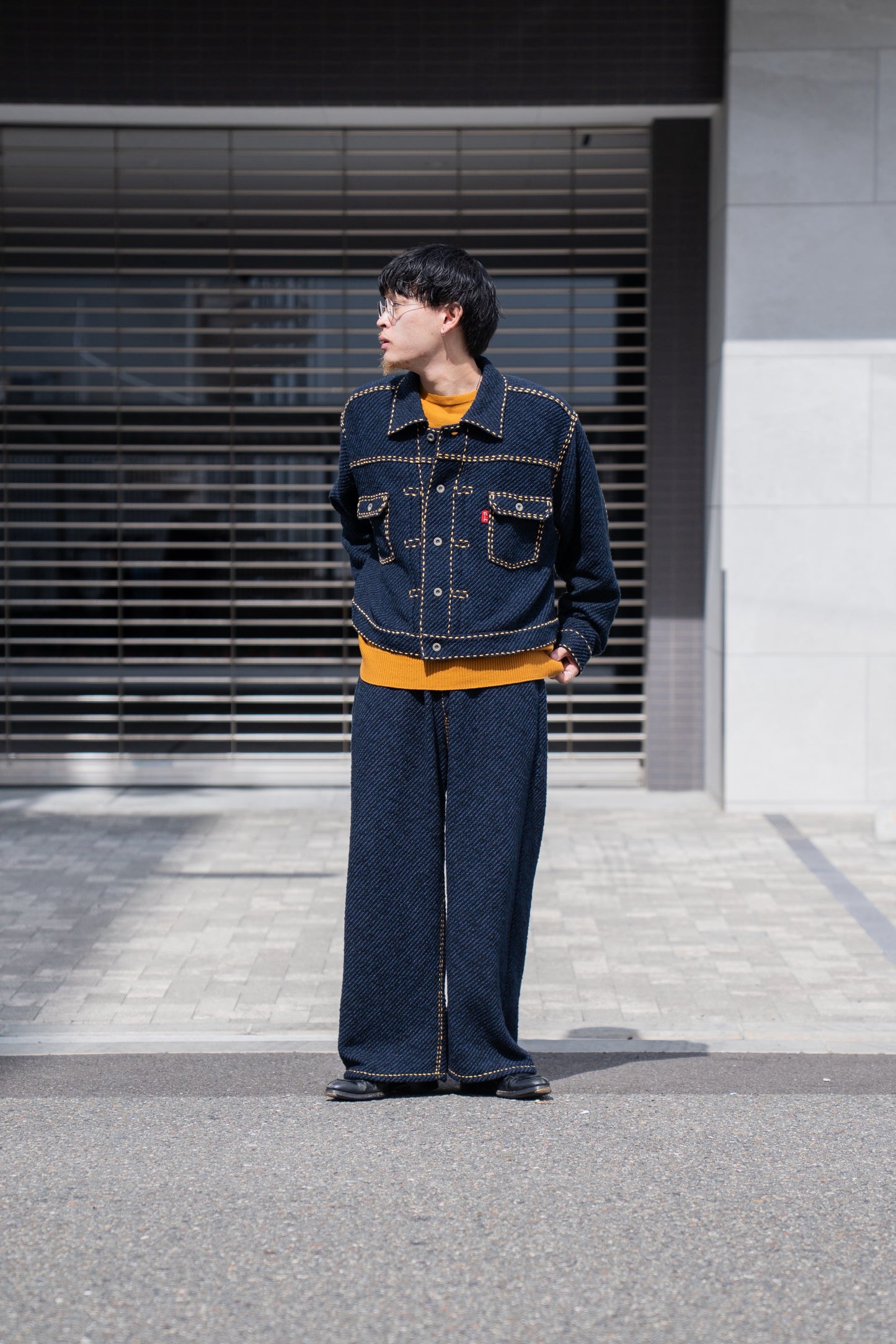 Hand Stitched Rigid Denim Knit Pants