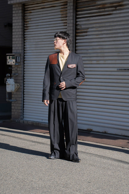 Leather-Patch No-Collar Jacket